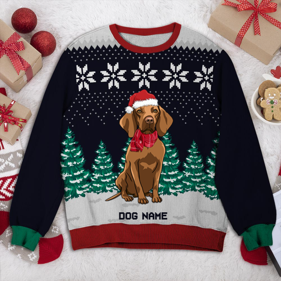 Vizsla Dog And Christmas Tree Personalized Sweater, Dog Ugly Christmas Sweater