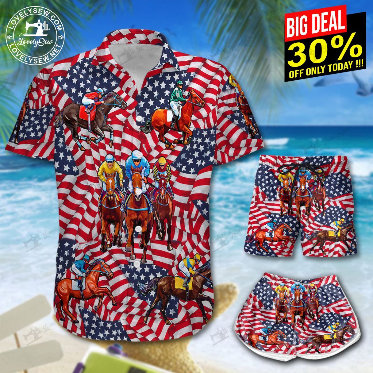 Horse Racing American Flag Hawaiian Shirt Shorts Ha37980