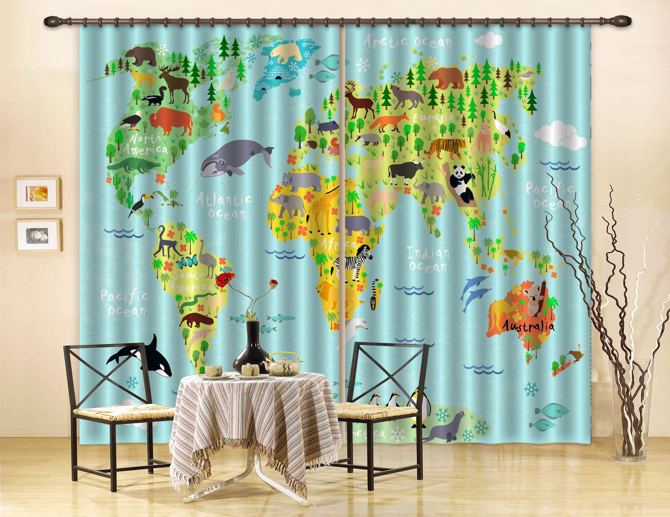 3D Blue Animal World Map Curtains And Drapes Lqh A572