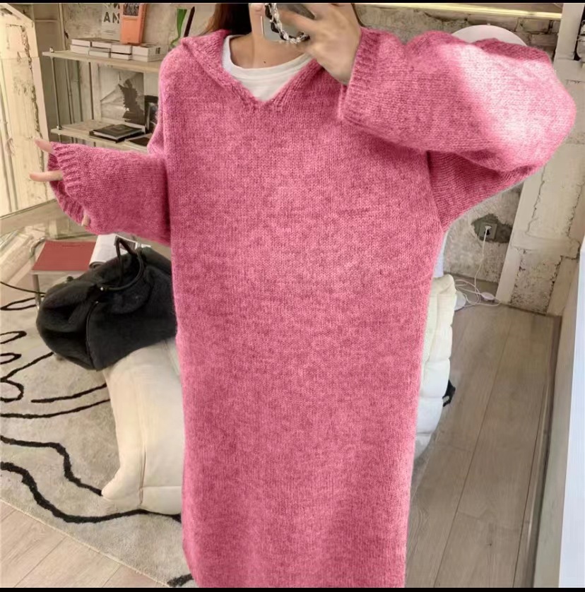 Women Autumn Winter Sweater Knitted Dress Women Fashion V-neck Long Sweater Dress Ladies Warm Loose Sweater Korean Style Dress alx