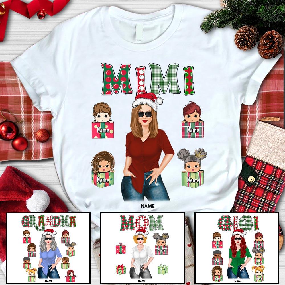 Mimi With Grandkids Name Box Gifts Christmas Shirt, Funny Grandma Nana Mimi Christmas Shirt, Custom Mimi Christmas Shirt With Kids Name