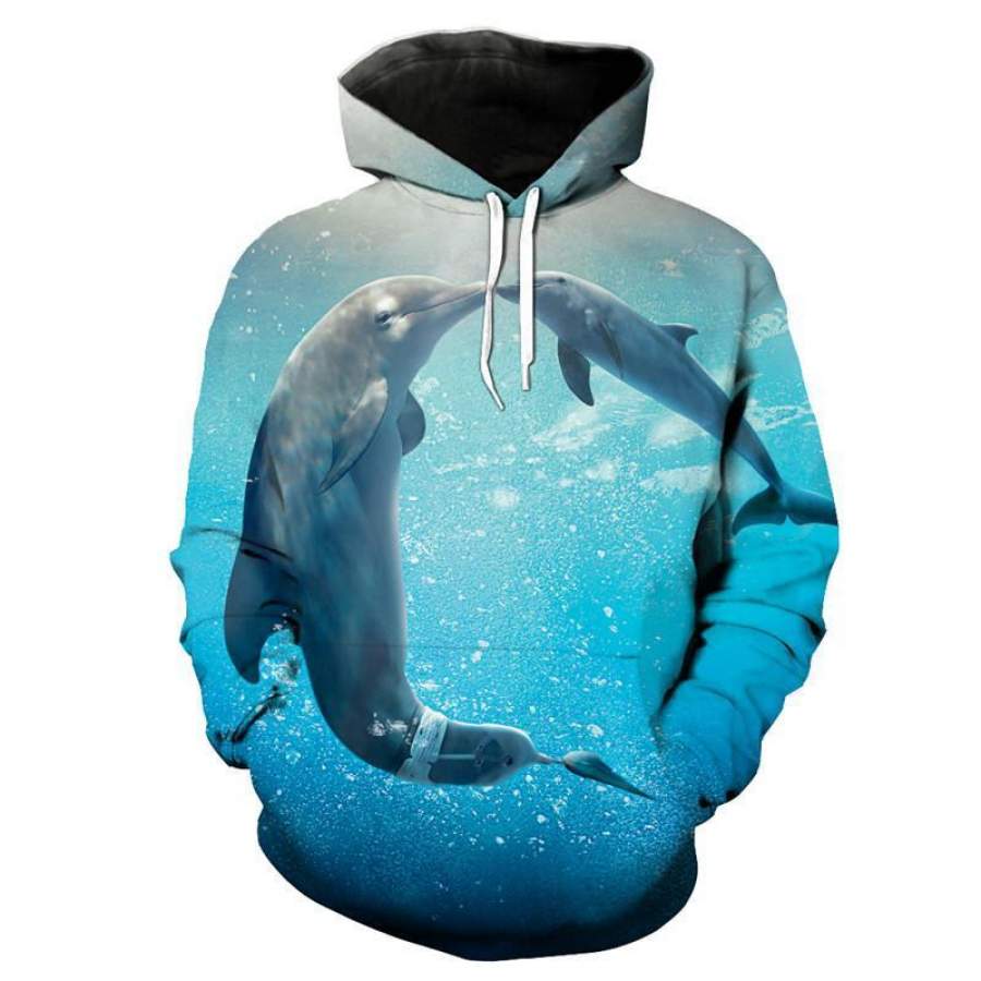 Blue Hoodie Playful Dolphin Print Sportwear Casual Sweatshirts