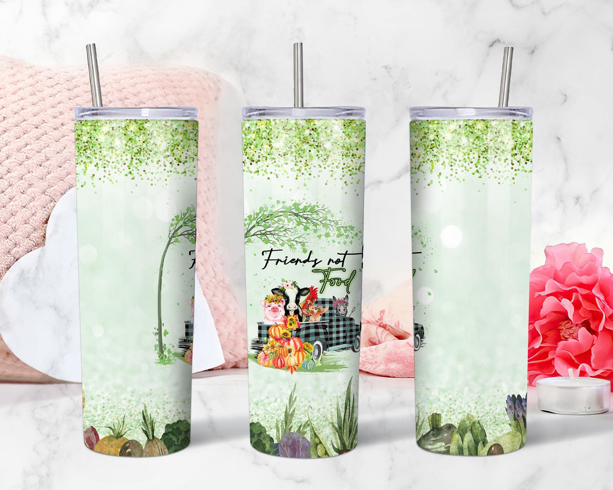 Vegetarian Glitter Skinny Tumbler Sublimation Design, Animals Friends Not Food Tumbler