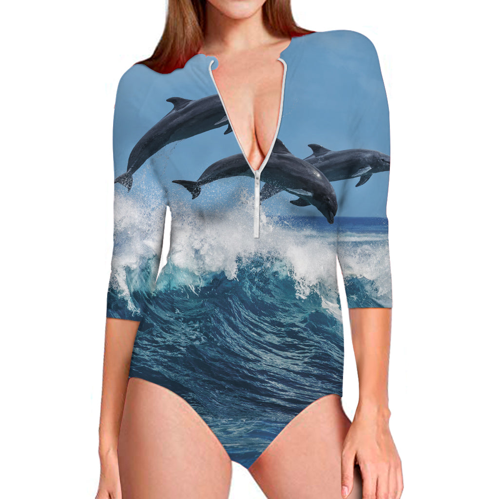 Dolphins Jumping Over Waves Print Long Sleeve One Piece Swimsuit