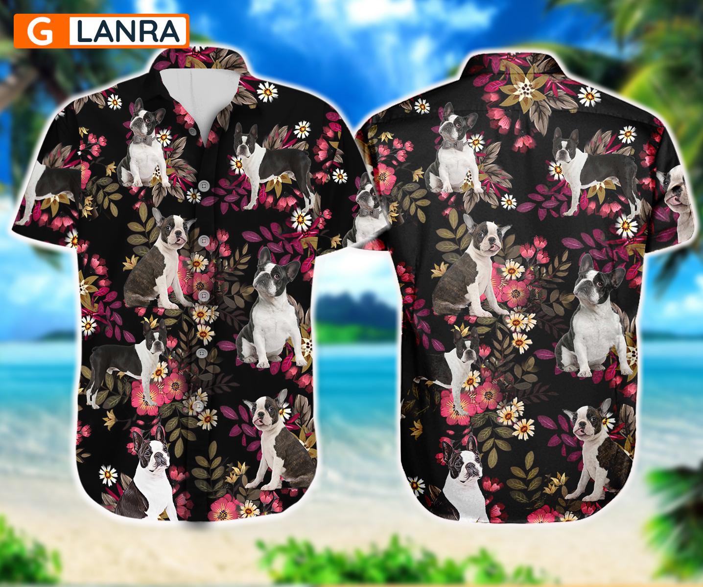 Boston Terrier Palm Leaves Button Shirt, Boston Terrier Button Shirt, Summer Dog Hawaiian Shirt, Dog Leaf Hawaiian Shirt, Summer Tropical Shirt