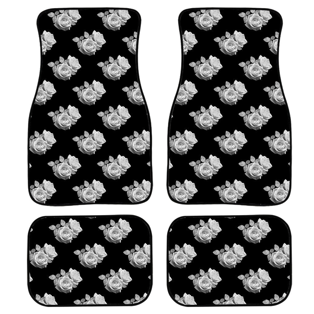 Monochrome Rose Pattern Print Front And Back Car Floor Mats, Front Car Mat