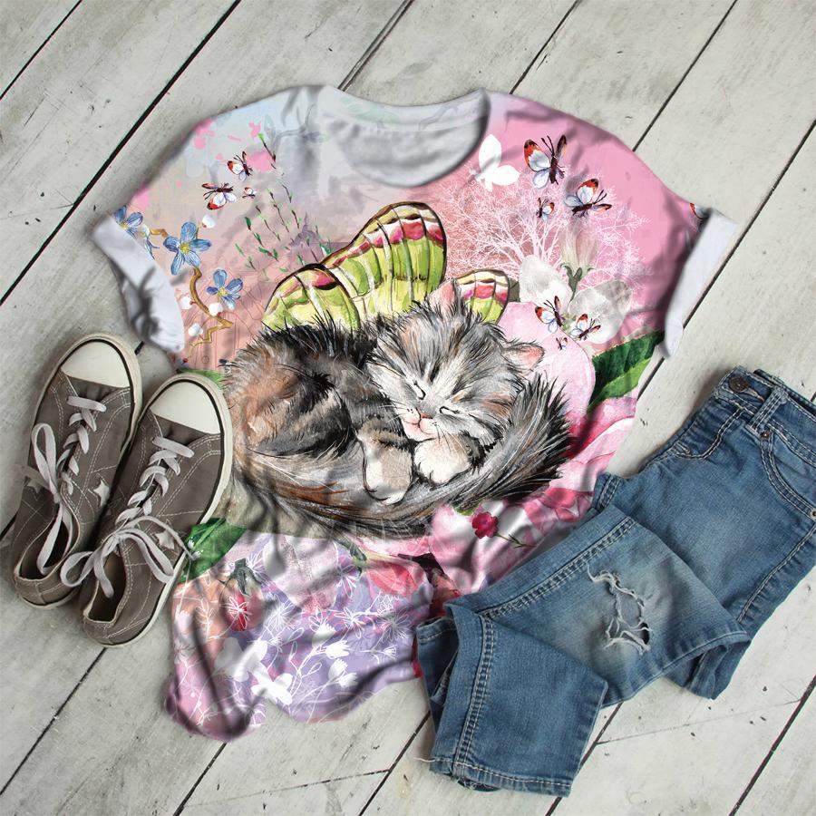 Cat Kitten Sleeping And Butterflies And Flowers T-shirt