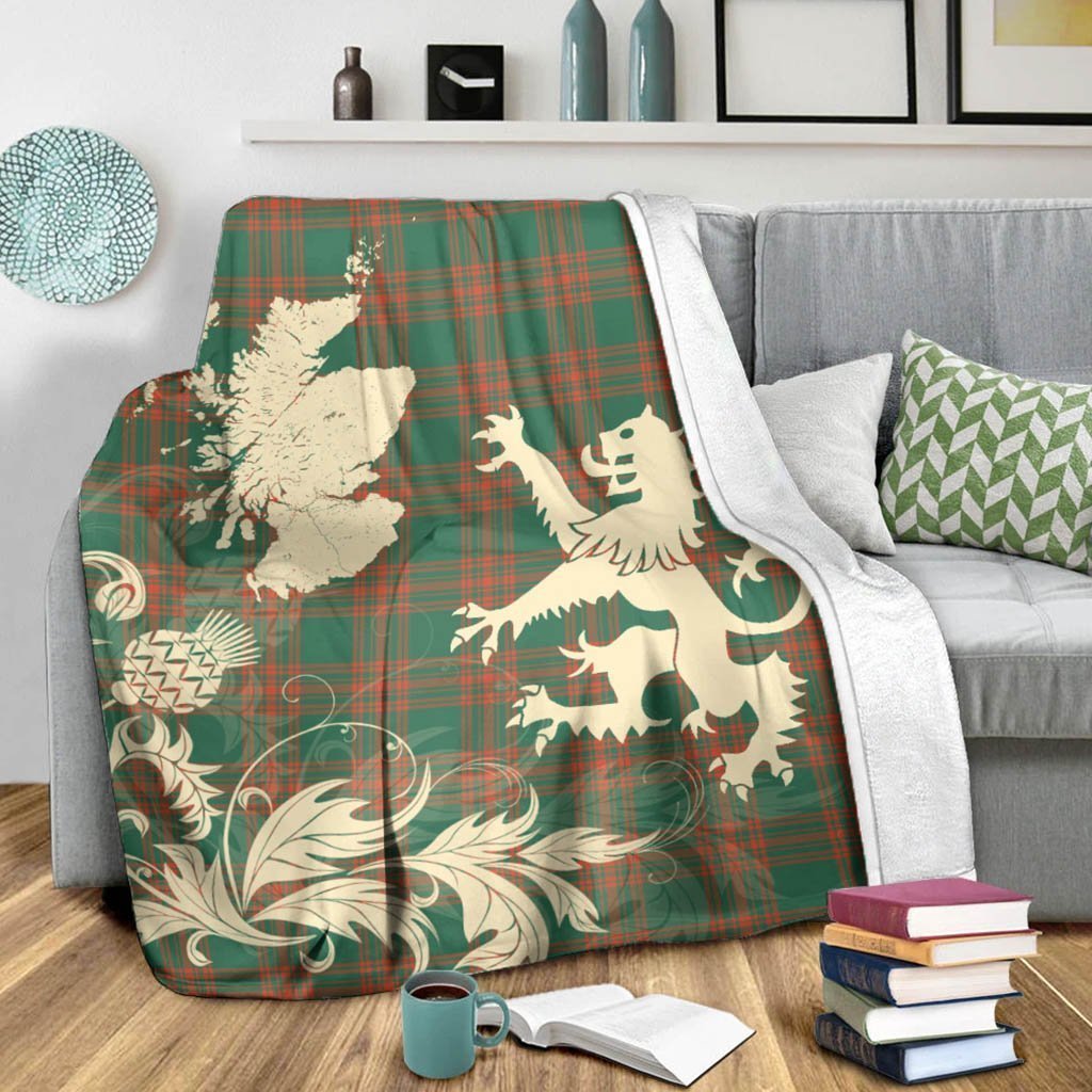 Tartan Blanket Menzies Green Ancient Tartan Scotland Lion Thistle Map Plaid Blanket