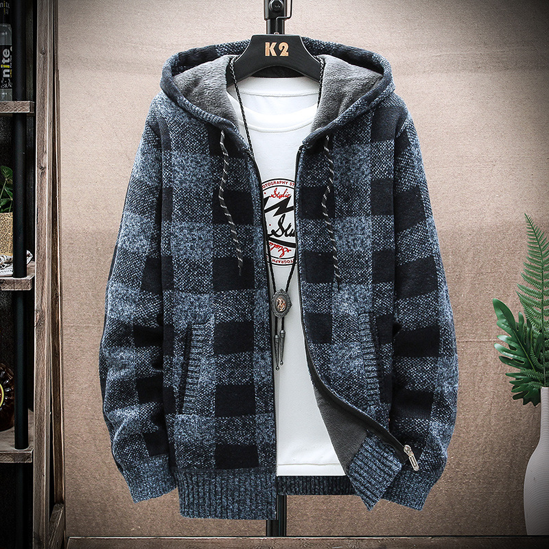 Casual Plaid Cardigan Coat Men Sweater Autumn Winter Fleece Sweaters Mens Streetwear Fashion Hooded Jersey Sweater Jacket Men alx