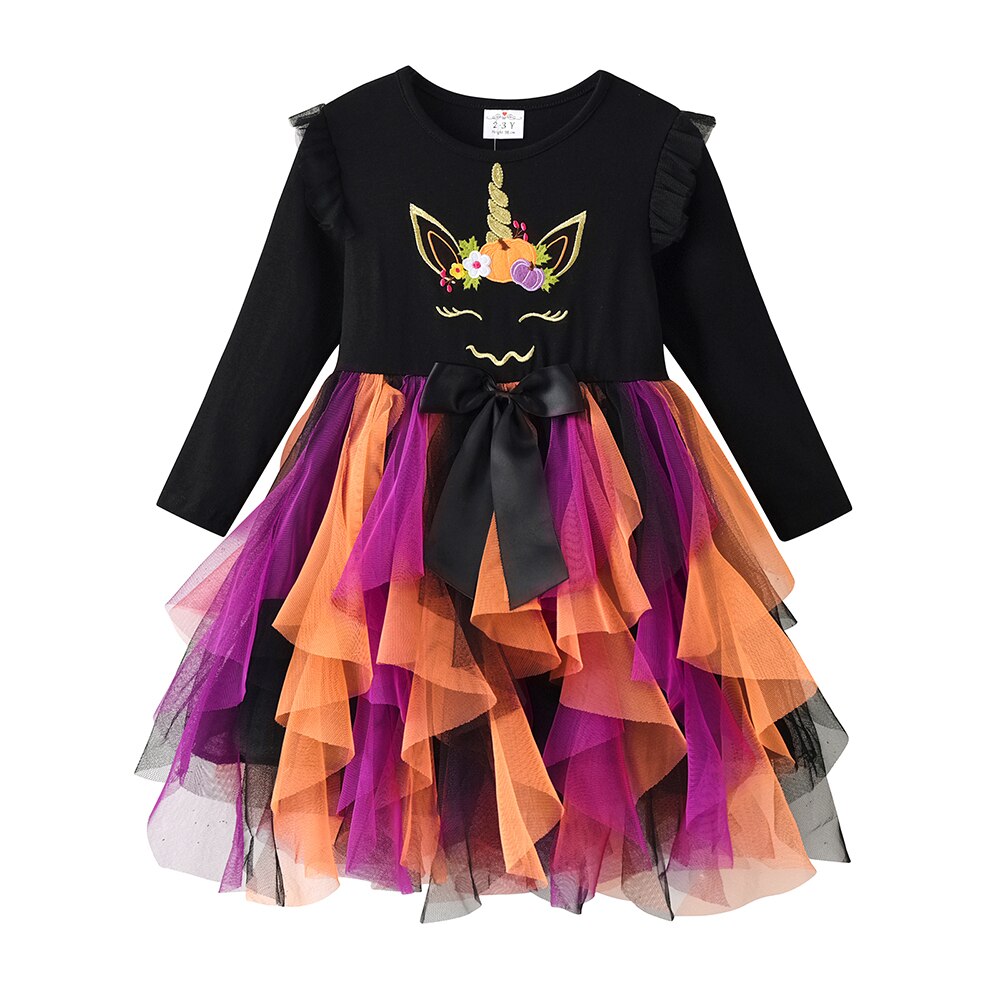 VIKITA Dress for Kids Girl Halloween PumpkinLayered Mesh Tulle Princess Dress Children Cosplay Festival Clothes 3-12Years alx