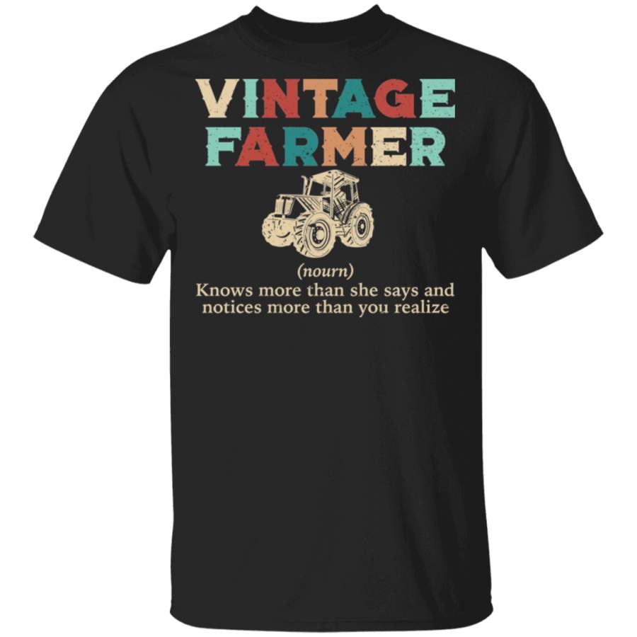 Vintage Farmer Definition Knows More Than She Says Funny Farmer Farming Lover Women Mom Dad Shirt T-Shirt