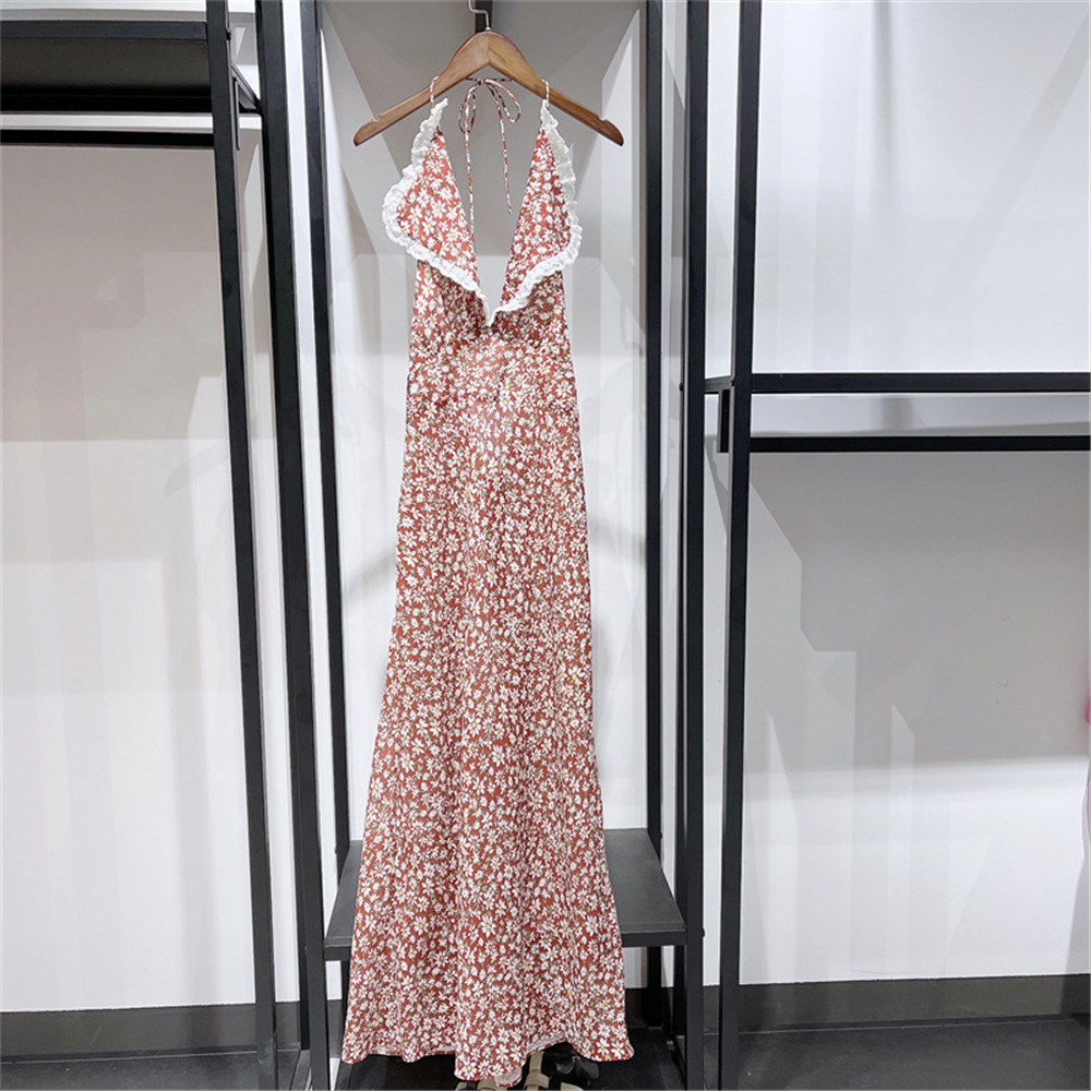 Women Sexy Lace Trim Collar Backless Midi Dress 2022 Summer Lady Lace-Up Neck-Mounted Sleeveless Floral Print Long Robe Holiday alx