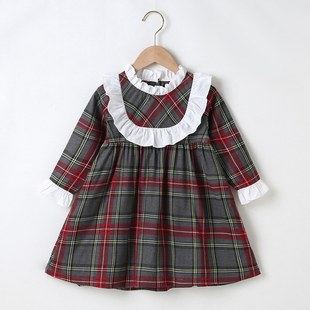 Winter 2021 New Arrivals Long Sleeve Peter Pan Collar White Lace Red Green Plaid Cute Girls Dress Vestidos 18M-6T alx