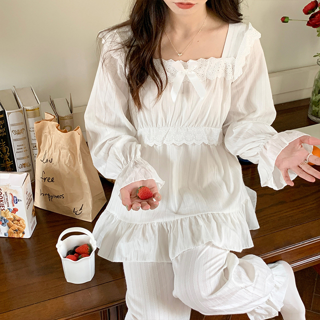 White Lace Cotton Lolita Princess Pajamas Set Women Sleepwear Home Suit Ruffles Bow Bit Dot Loose Shirt Pants Pijamas 2Pcs alx