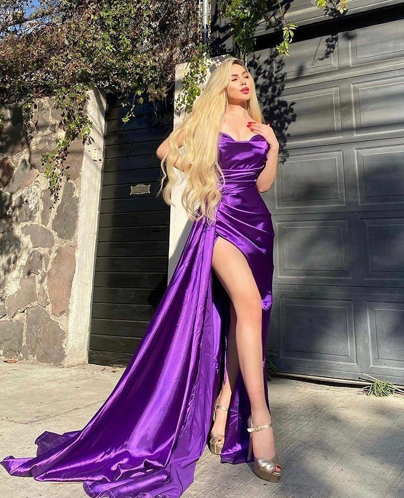 Vinca Sunny Sexy Purple Sweetheart Neck Mermaid Satin Long Prom Dresses Side Slit Women Evening Gowns Formal Party Custom Made alx