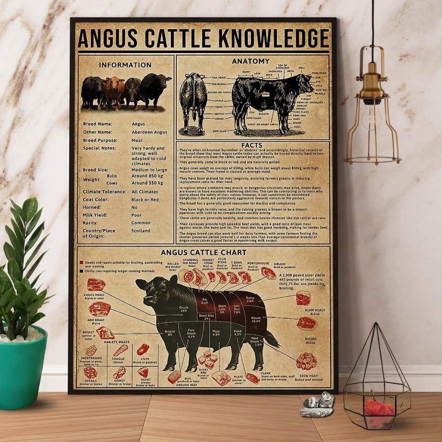 Angus Cattle Knowledge Paper Poster No Frame/ Wrapped Canvas Wall Decor Full Size