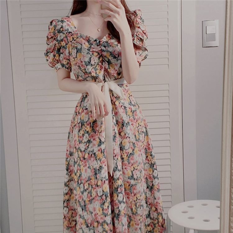 2022 New Women Summer Dresses Casual Vintage Chiffon Print Floral High Waist Fashionable Puff Sleeve Lace Up Long Dress DR3122 alx