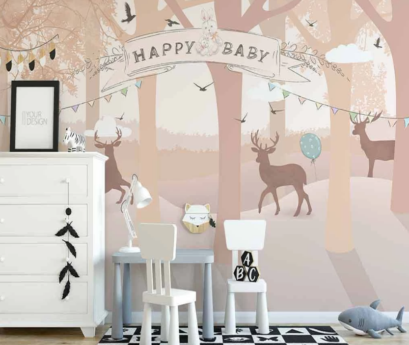 3D Cartoon Buck Animal Tree Plant Wall Mural Wallpaper Lxl