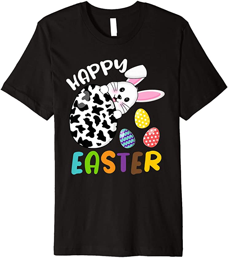 Cute Bunny Face Easter Egg Cow Print Funny Happy Easter Premium T-Shirt