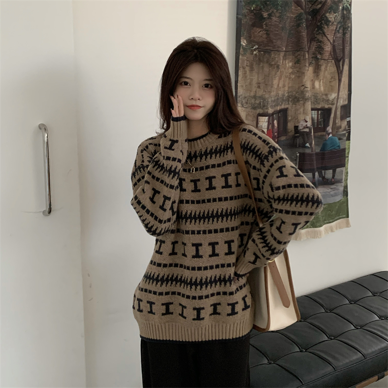 Women Dark Brown Sweater Printing Korean Fashion Vintage Leisure Lazy Wind Loose Winter Female Thicken Warm Knitting Pullover alx