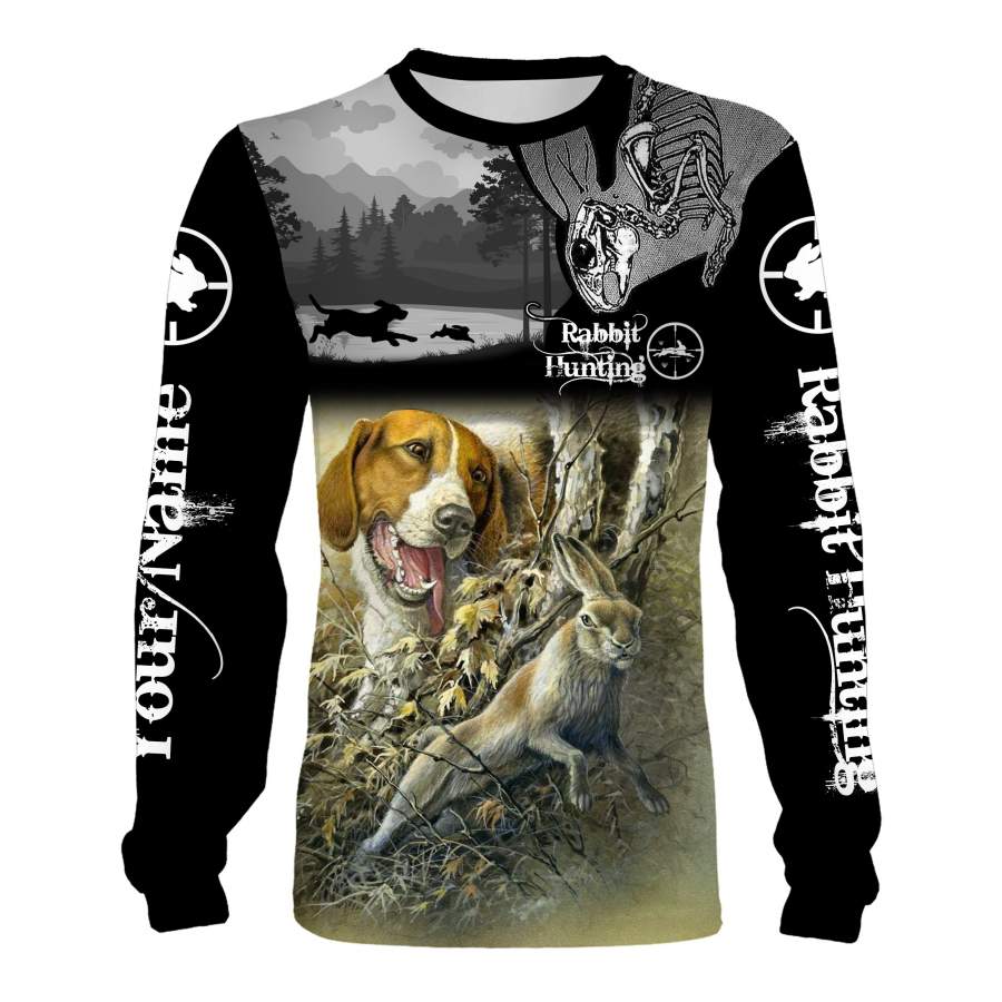 Rabbit hunting with beagles hunting dog custom Name 3D All over print T-shirt, Sweatshirt, Long sleeves, Hoodie, Zip up hoodie – Personalized hunting gift for hunter Men, Women and Kid – FSD545