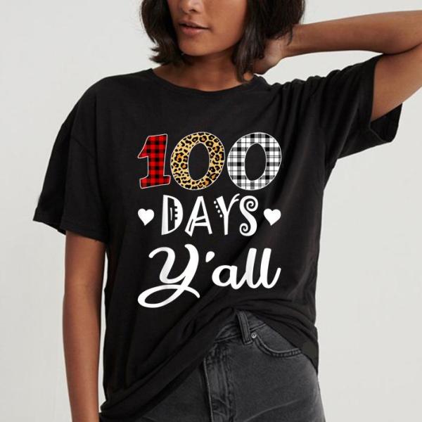 100Th Day Of School – Buffalo Plaid Leopard 100 Days Y’All Funny 100Th Day T-Shirt – Gst