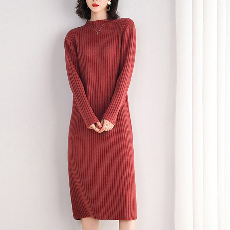 New High Quality Sweater Dress for Women Knee-length Solid Color O-Neck Pullover Thick Autumn and Winter Brief Red Apricot Black alx