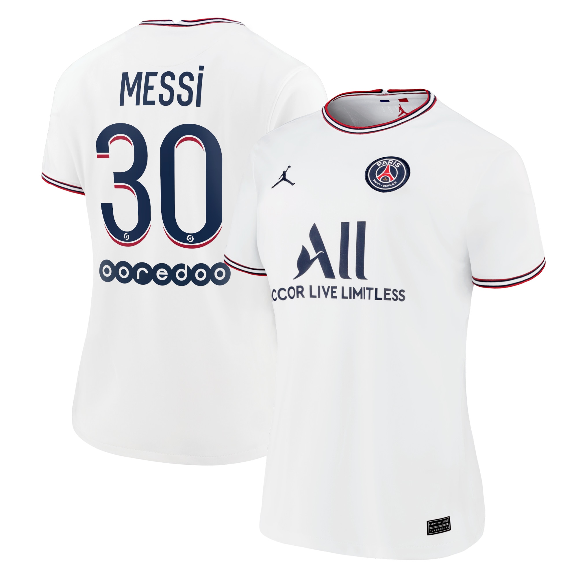 Lionel Messi Paris Saint-Germain Jordan Brand Women's 2021/22 Fourth Replica Jersey – White