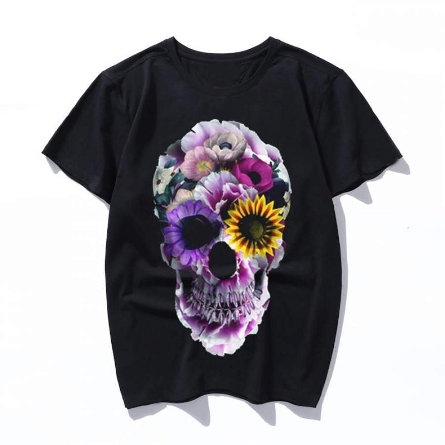 floral skull Summer Large Size Loose Casual Fashion Print Cartoon Letter Short Sleeve O-neck tops Male/Female Vintage Loose T-Shirt