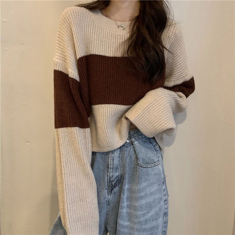 Women Fashion Cropped Sweater Sexy Tops Women Black White Striped Loose Pullover Knitted Sweater Fashion Jumper alx