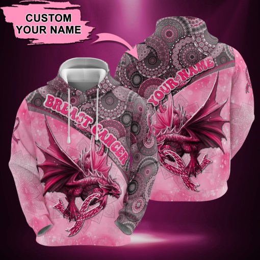 Custom Name Pink Dragon Pink Ribbon Breast Cancer Awareness 3D Shirt