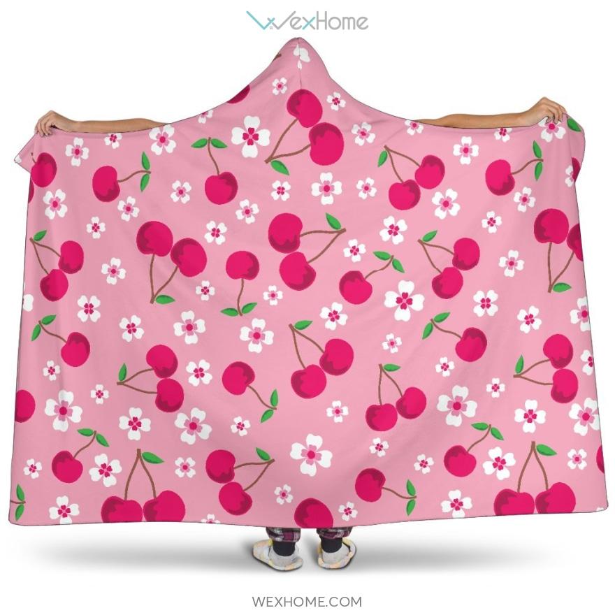 Cherry Flower Pattern Pink Background Hooded Blanket