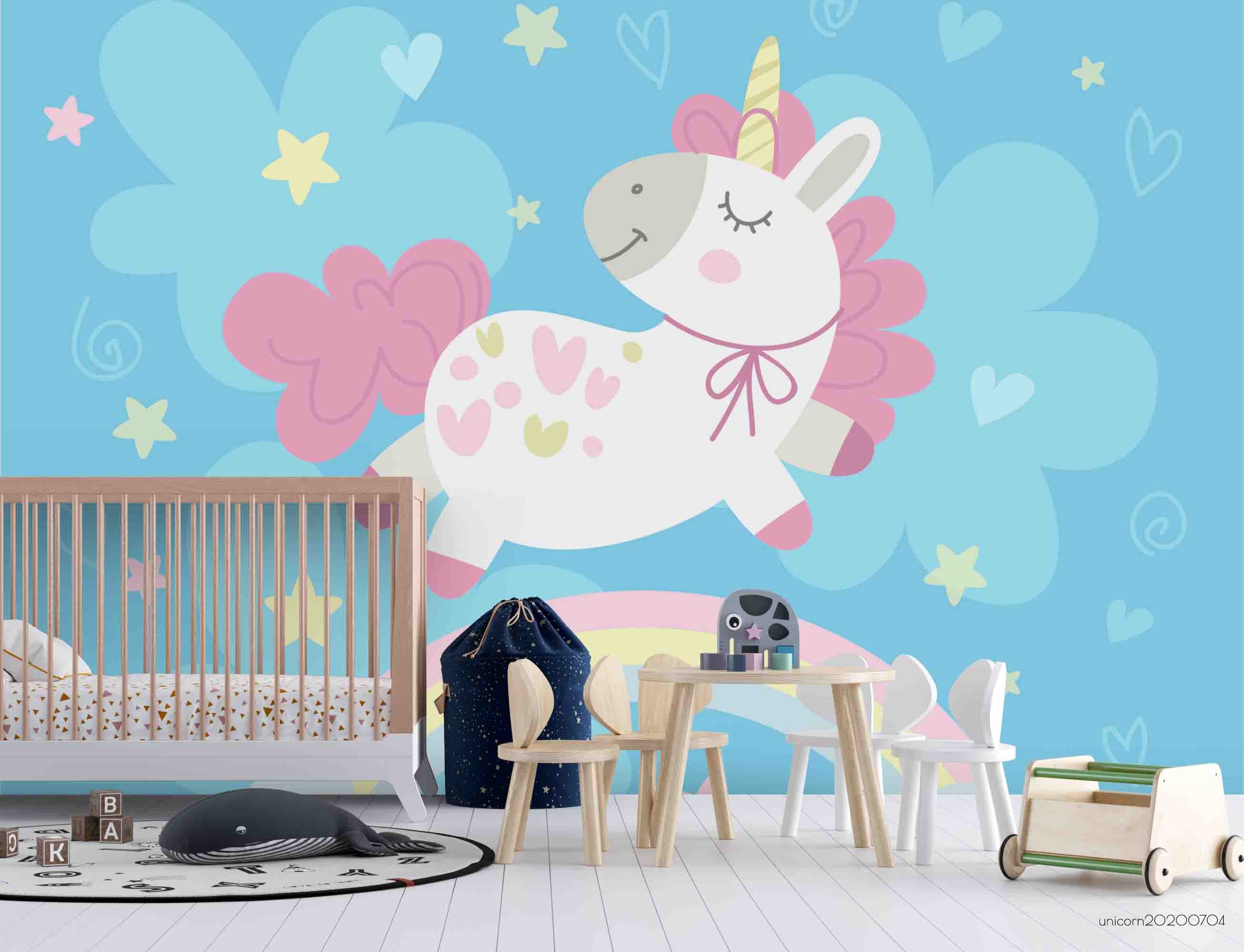 3D Cartoon Flying Unicorn Rainbow Sky Wall Mural Wallpaper Lxl 222