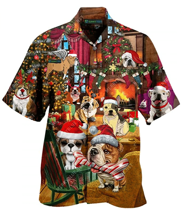 Christmas Hawaii With Bulldog Button Up Shirt For Men Ha7156