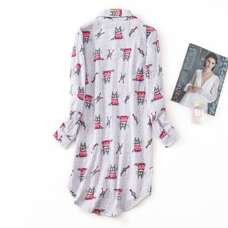 Women’s Double-Layer Yarn Nightdress Turn-down Collar Cotton Printing Home Sleep Tops Long-Sleeved Yarn-Dyed Womens Sleepwear alx