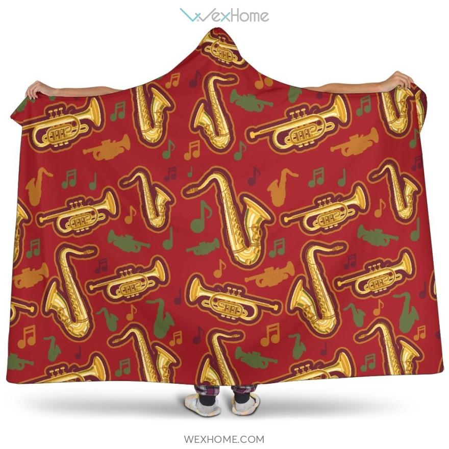 Saxophone Cornet Pattern Red Background Hooded Blanket