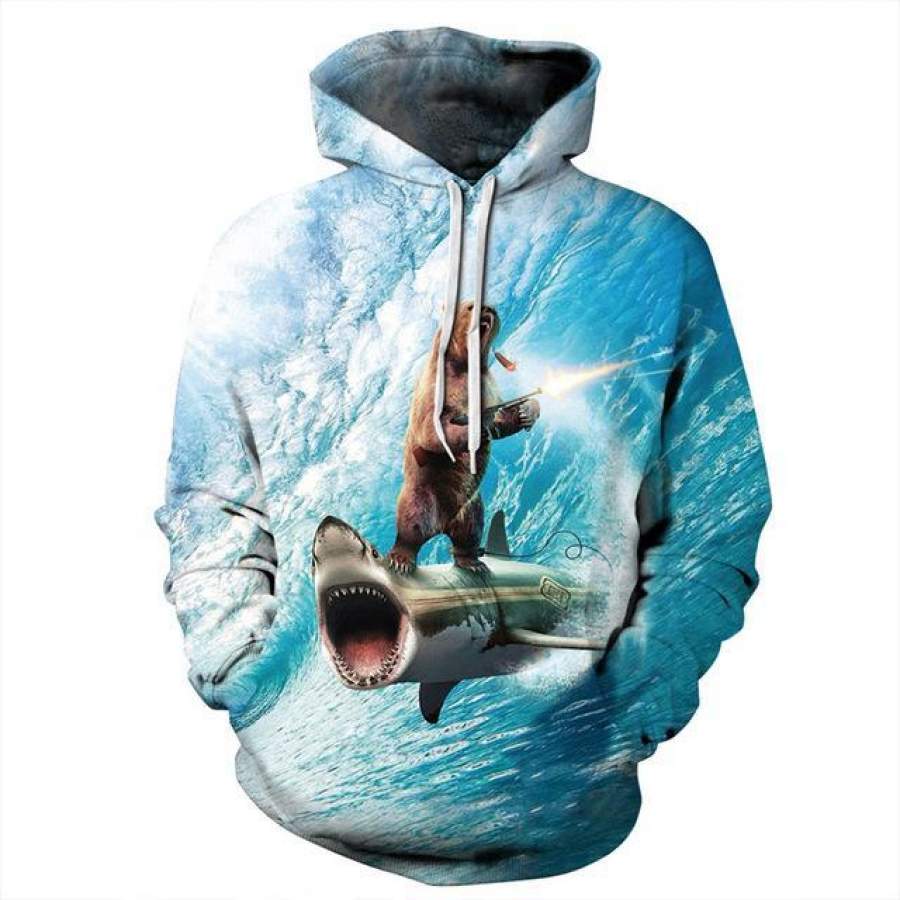 Bear On A Shark  Unisex 3D All-Over Print Hoodie