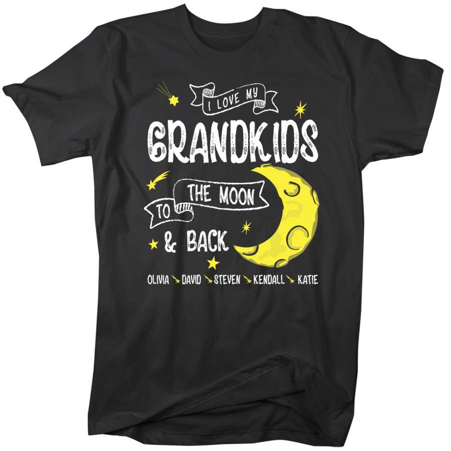 Personalized Grandpa T-Shirt Love Grandkids Moon Back Custom Grandpa Shirts Names Celestial Gift Idea