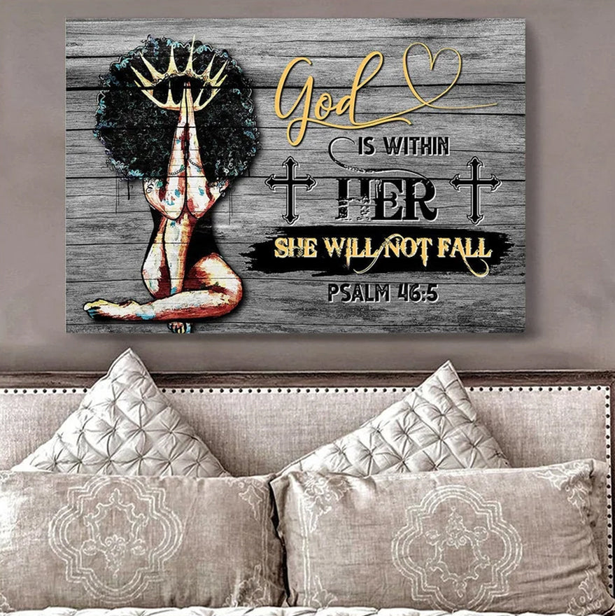 Afro Black Queen Poster Canvas, God Is Within Her She Will Not Fall Poster, African American Black Girl, Black Woman Poster, Black Queen Art