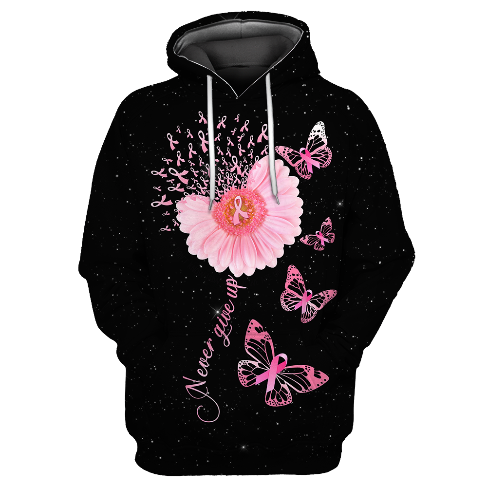 Breast Cancer Shirt Breast Cancer Never Give Up Flowers And Butterflies Black Pink Hoodie Breast Cancer Hoodie