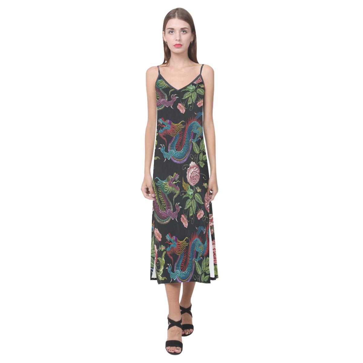 Dragons flower pattern V-Neck Open Fork Long Dress