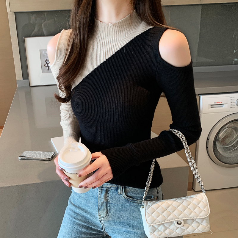 Autumn Winter Women Sweater High-necked Undershirt Women’s Stand-up Collar off-shoulder Contrast Stitching Fashion Pullover A55 alx