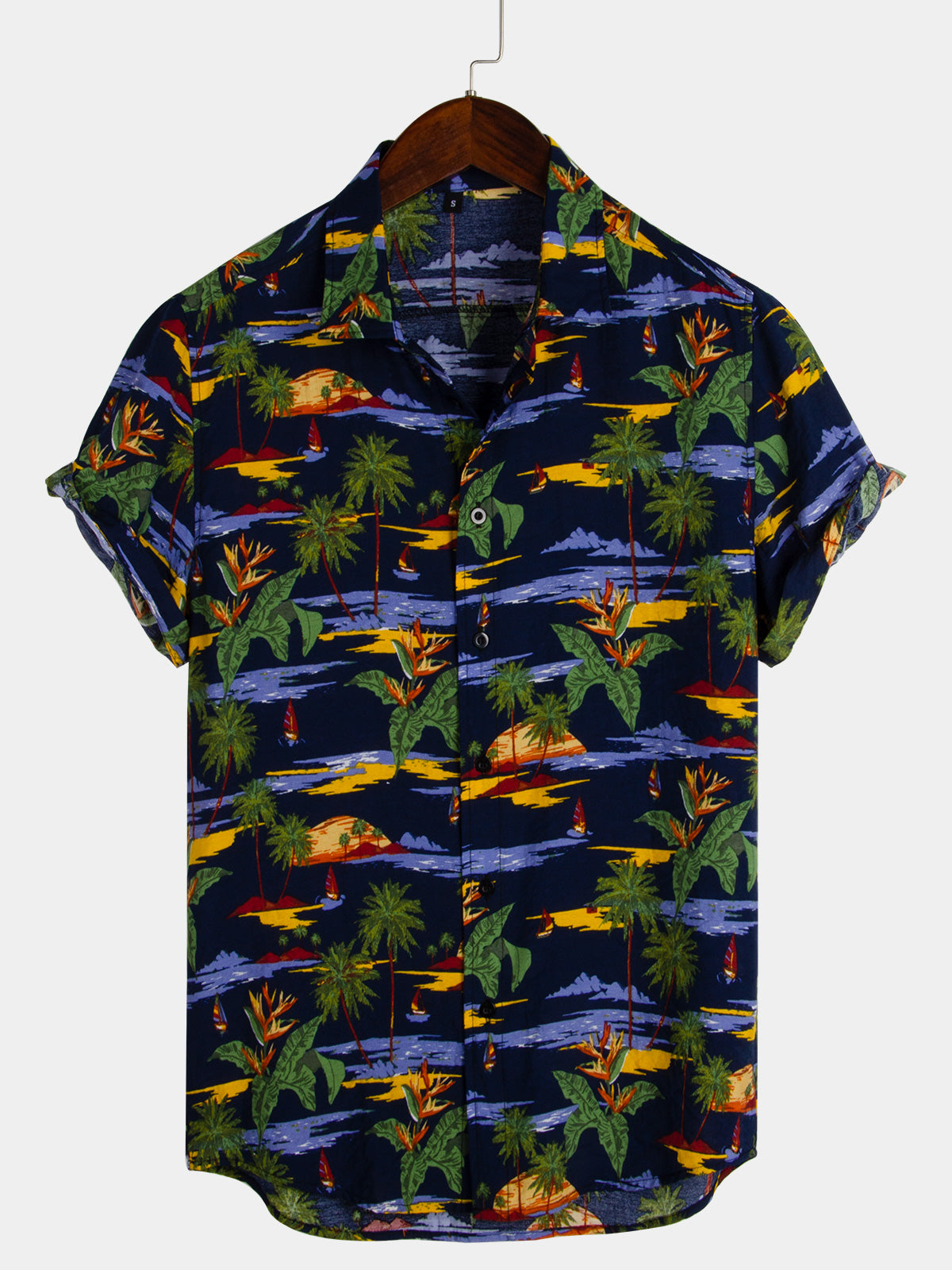 Palm Tree Print Beach Button Up Navy Blue Hawaii Short Sleeve Shirt Ha110971