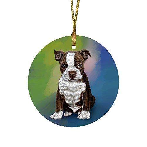 Boston Terrier Puppy Dog Round Christmas Ornament