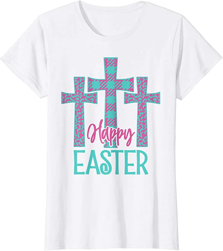 Womens Happy Easter Cross Leopard Plaid Jesus T-Shirt