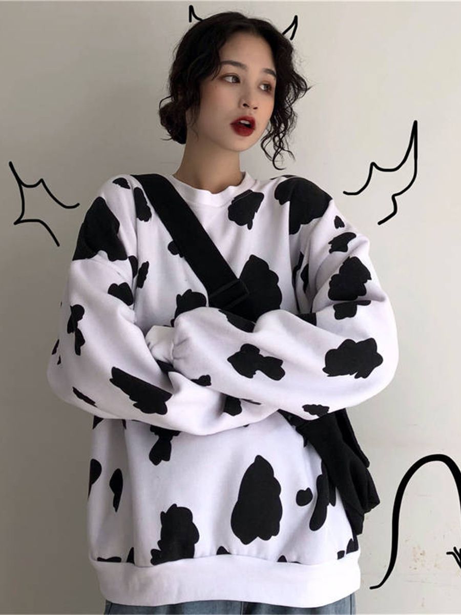 Cute Autumn Hoodie Sweatshirt Women Tops Loose Casual Milk Print Hoodie Streetwear Girl Pullover Japan Hoodies Funny Female alx