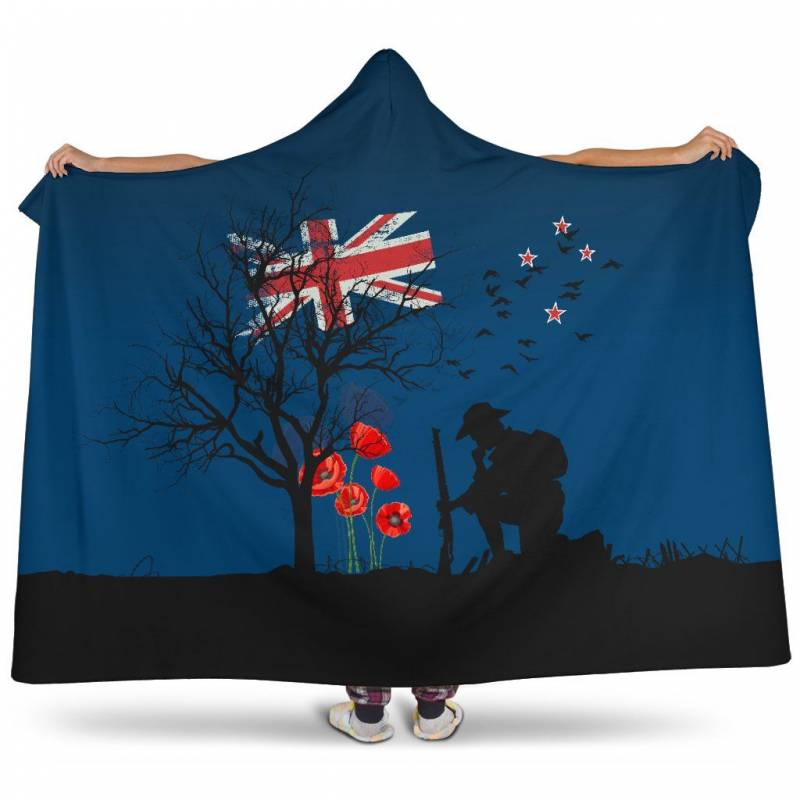 Anzac New Zealand Flag Poppy Hooded Blanket K5