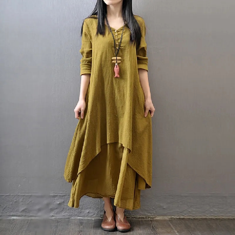 Spring Autumn Women’s Long Sleeve Cotton and Line Maxi Dress Female Solid Loose Fake 2 Pieces V Neck Dresses for Women alx