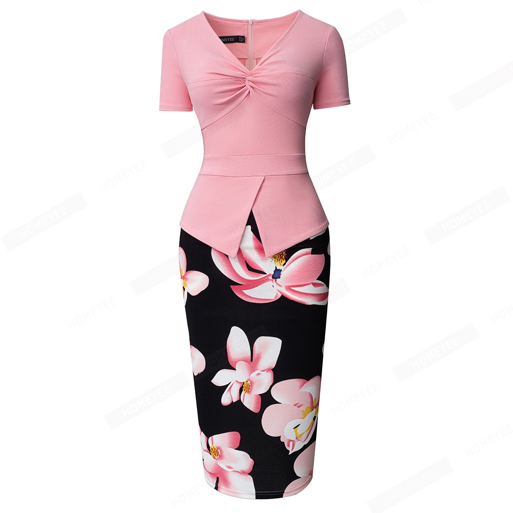 Women Elegant Charming V Neck Short Sleeve Twist Peplum Floral Print Patchwork Lady Slim Pencil Dress EB665 alx