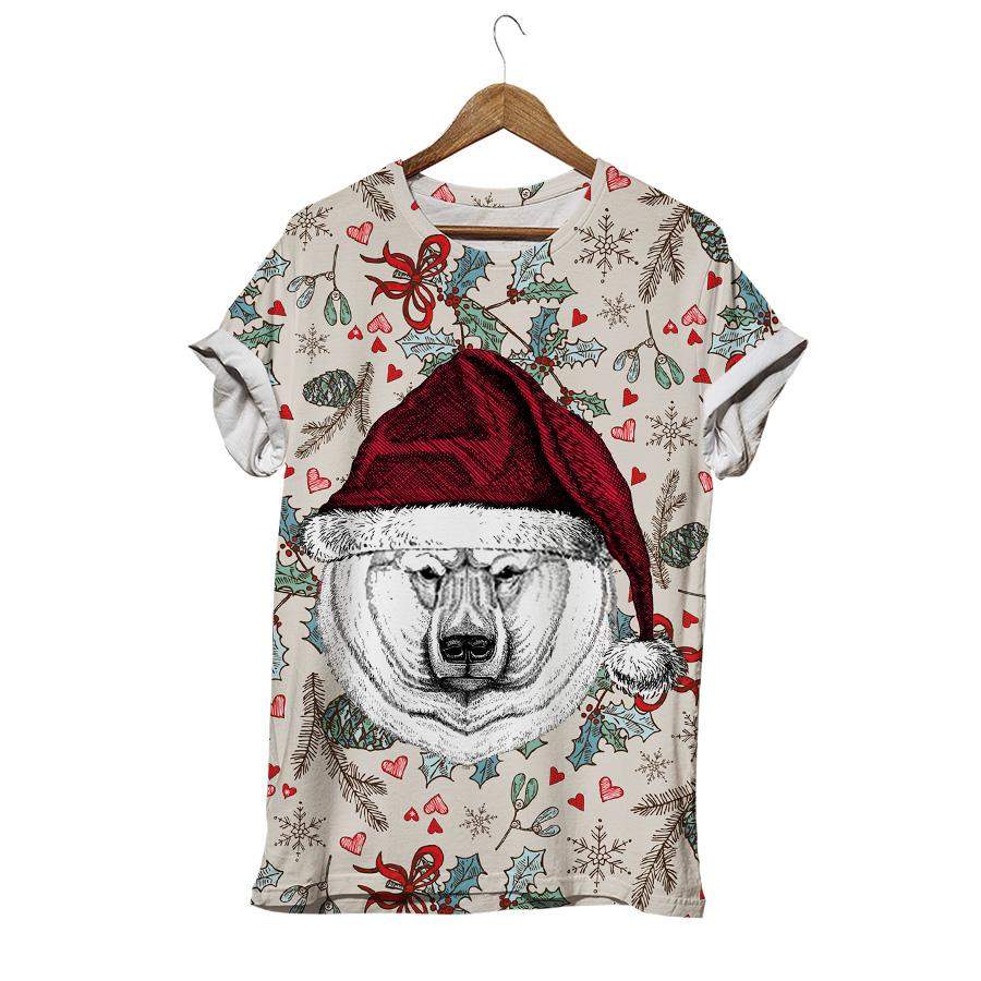 Wild Animal Wearing Christmas Santa Claus Hat Red Winter Botanical Bear T-shirt